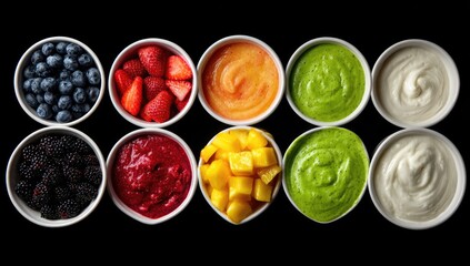 Ten small white bowls of colorful fruit purees and fresh berries arranged in two rows on a black background