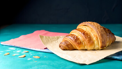 Freshly baked croissant on a rustic background for breakfast or snack time