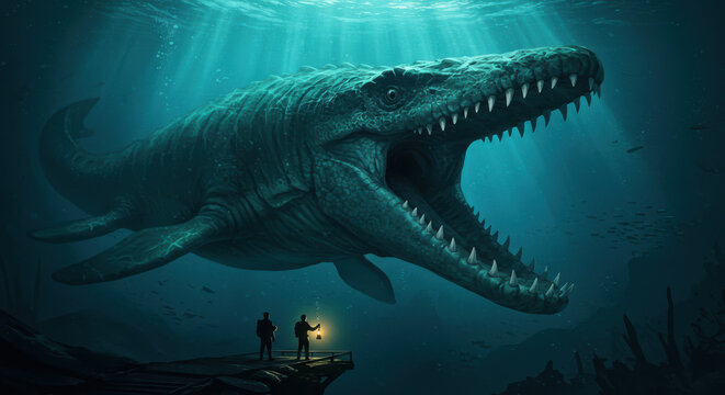 Massive mosasaurus emerges from deep ocean depths to terrify tiny humans