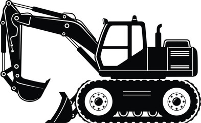 Construction excavator illustration, black and white heavy machinery, tracked vehicle with bucket, flat vector drawing for engineering design use