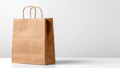 A light brown paper shopping bag with twisted paper handles sits on a white surface against a white backdrop