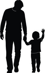 Adult and child silhouette vector, black and white illustration of parent holding hands with child, walking together in family bond