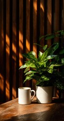 Sunlit mug of coffee beside vibrant potted plant on dark wood surface against slatted wood backdrop