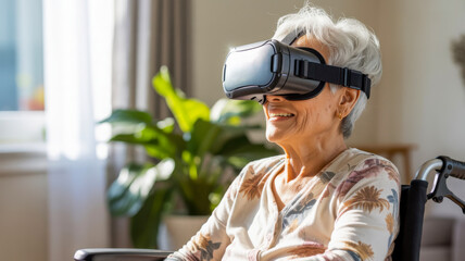 Elderly woman experiencing virtual reality in a wheelchair virtual reality headset
