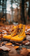A pair of worn yellow leather boots rests on a bed of autumn leaves in a forest setting.  The focus is on the boots, with the background blurred