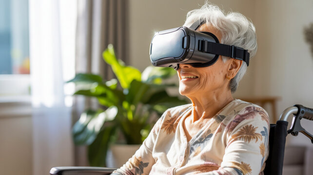 Elderly woman experiencing virtual reality in a wheelchair virtual reality headset
