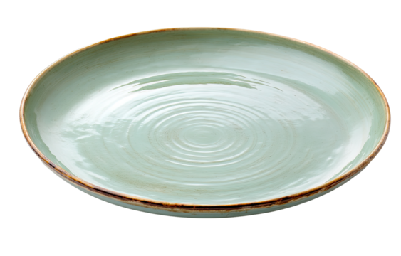 Light-green, round, ceramic plate with subtle, concentric swirling patterns