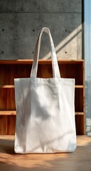 A plain white tote bag sits on a wooden surface against a textured wall, bathed in sunlight