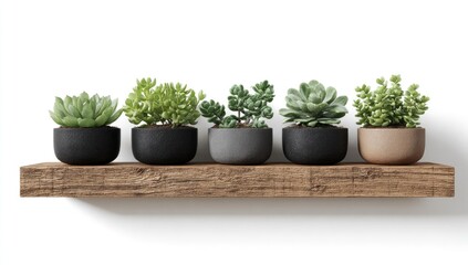 Five succulents in varied small pots sit on a rustic wood shelf against a white wall