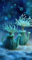 Teal teapot-like vessels sprout bioluminescent, tentacled flora in a dreamy, underwater scene; bokeh-filled backdrop
