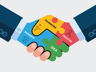 Business handshake jigsaw puzzle symbolizes teamwork idea creative and business success collaboration partnership achievement agreement vector illustration