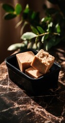 Three light-brown, cube-shaped soaps rest in a matte black rectangular container on a dark marble surface, backlit by sunlight filtering through nearby greenery