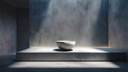A minimalist, dimly lit concrete room features a large, light-grey, organic-shaped bowl centered on a raised platform.  Sunlight streams in from above