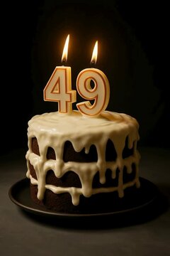 A close-up shot of a decadent birthday cake adorned with two lit candles bearing the number 49 a moody dark backdrop.