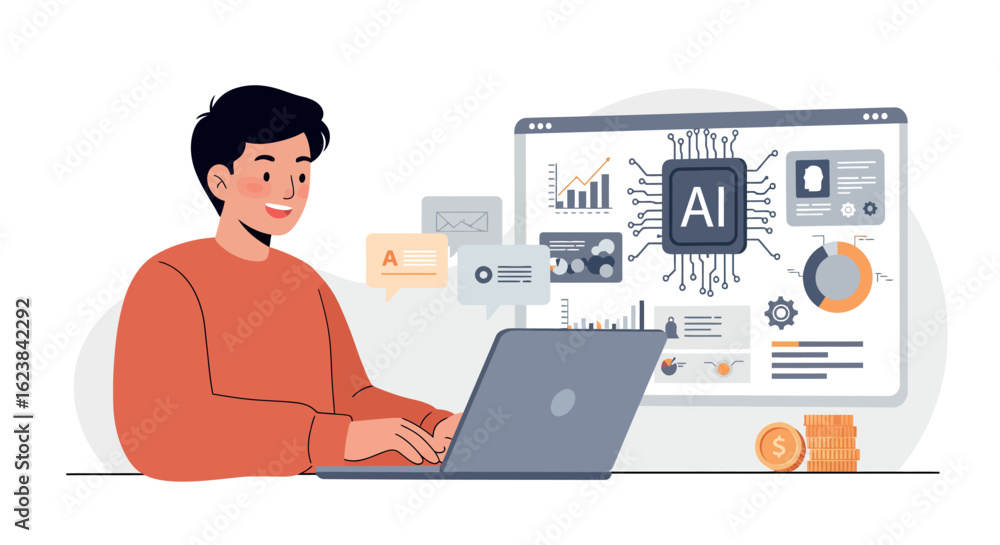 Aufkleber smiling professional using laptop in modern workspace with ai technology background