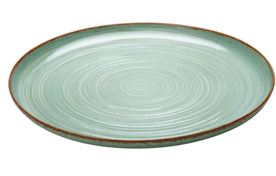 Light teal, round dinner plate with subtle spiral pattern and a warm brown rim