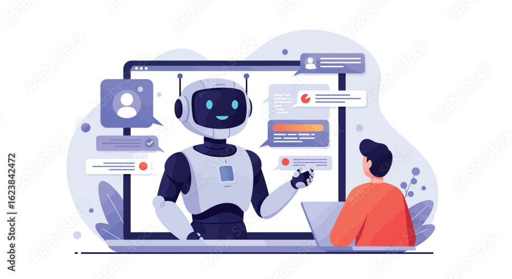 Poster futuristic ai robot assisting man with technology in digital conversation