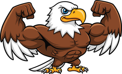 Cad drawing flat vector illustration of muscular eagle mascot flexing wings and biceps, strong animal character logo, cartoon design