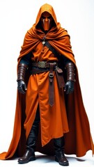 A hooded figure wearing a brown cloak and armor stands holding a sword, evoking a fantasy theme.
