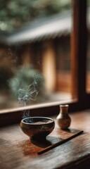 Serene scene of incense burning in a dark bronze bowl on a wooden surface near a window, with a small brass vase beside it; soft light and wispy smoke