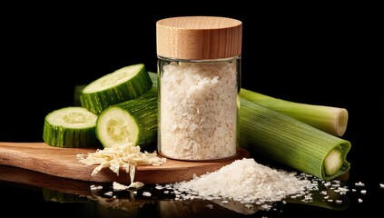 Glass jar of white flakes sits on wood cutting board with sliced cucumbers and leeks, against black background, showcasing a culinary ingredient
