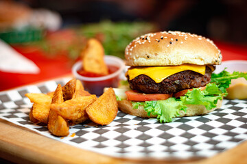 Beef Burger with Lettuce, Tomato and Cheese – Classic American Fast Food