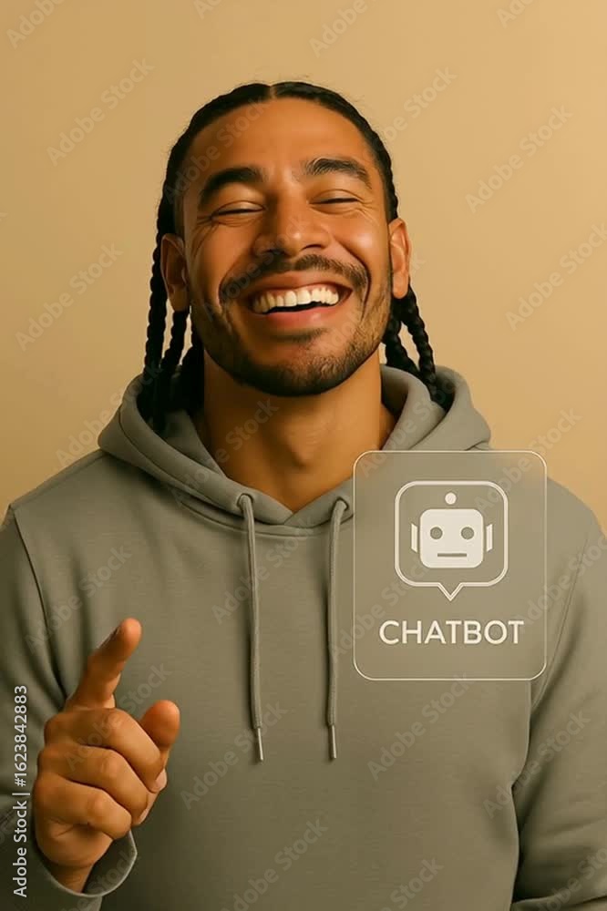 Poster a vibrant image of a man interacting with a chatbot interface, embodying the convergence of human ex