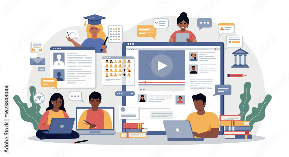 Poster online learning concept with diverse students and virtual classroom interaction