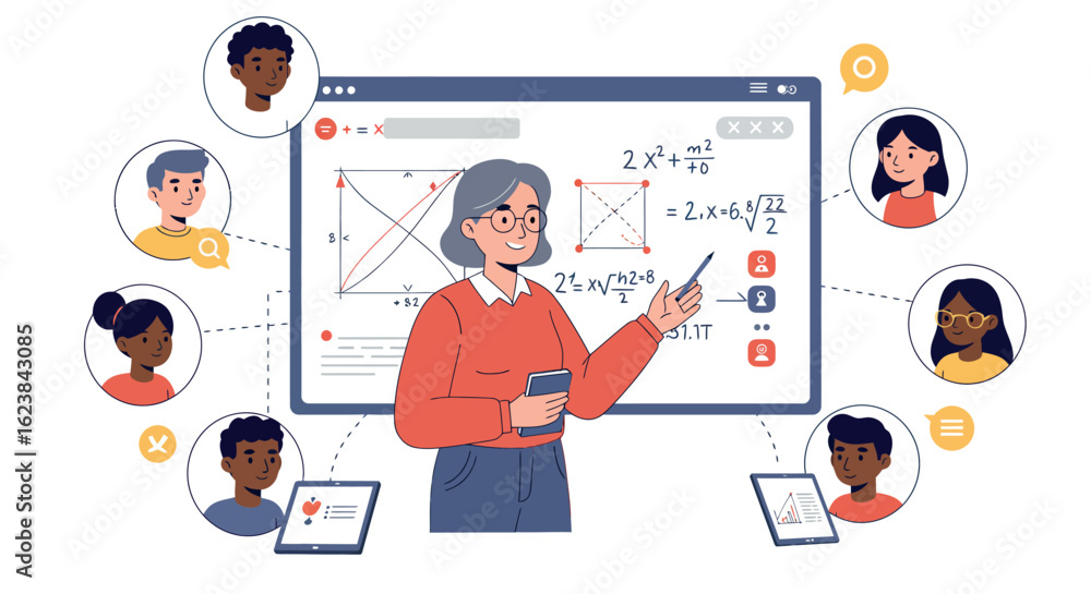 Poster interactive online math class with teacher and diverse students in a virtual learning environment