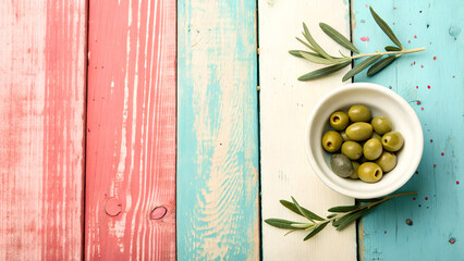 Green olives in bowl with olive branch on colorful wooden background
