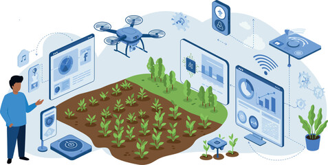 Innovative technology in agriculture: isometric smart farming and data analysis concept