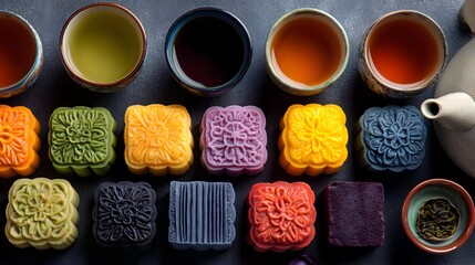 Vibrant array of colorful traditional chinese mooncakes and assorted teas in ceramic cups arranged for a festive celebration