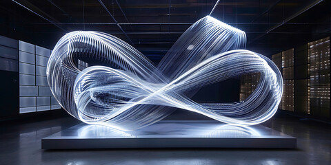 Abstract light painting of glowing infinity symbol in a dark room
