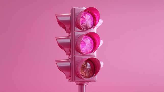 3D illustration of traffic light signals in bold pink tones &mdash; a surreal twist on urban elements for modern or conceptual design projects.

