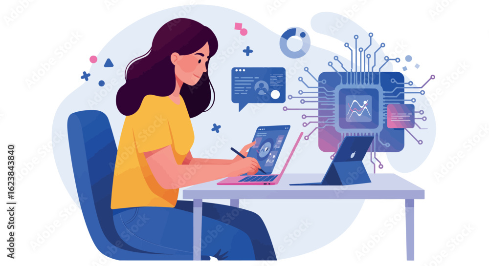 Poster woman using digital tablet for data analysis and artificial intelligence learning in modern workspac