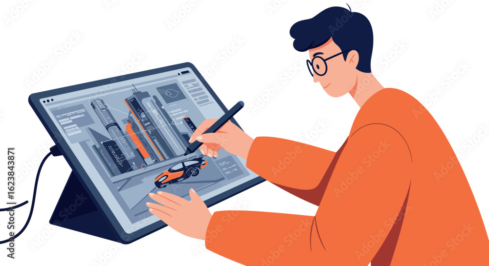 Aufkleber designer creating digital artwork on tablet with stylus in modern workspace