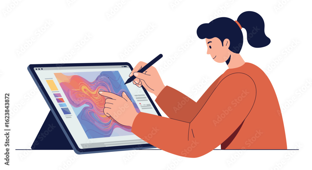 Poster designer creating digital art on tablet with stylus