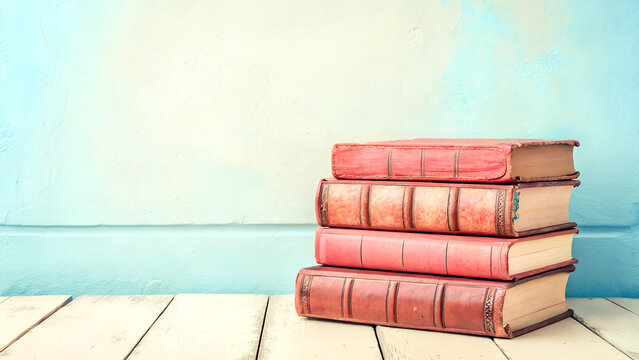 Stack of old vintage books on white wooden table, education concept image