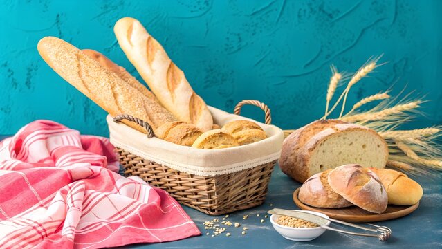 Freshly baked bread assortment in a basket on a blue textured background