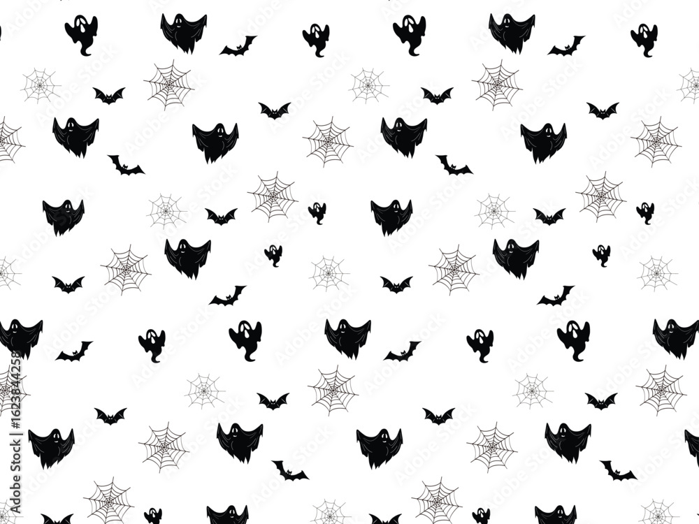 Poster halloween event seamless pattern design with ghost, web spider and bat