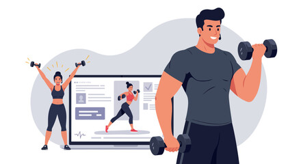 Home workout fitness routine with trainer and virtual class background