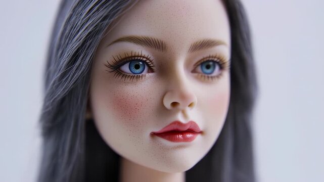Captivating Close-up: Realistic Doll's Serene Face with Piercing Blue Eyes and Detailed Features