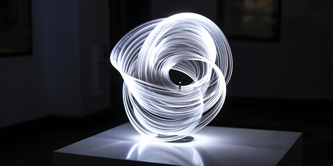 Abstract light sculpture with swirling patterns displayed on a pedestal
