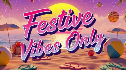 Festive vibes only on a vibrant beach with dynamic text animation, holiday concept footage.