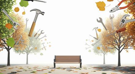 Fall maintenance season arrives with falling leaves and tools near a park bench, perfect for home improvement projects, repair services, and autumnal DIY inspiration, great for seasonal promotions