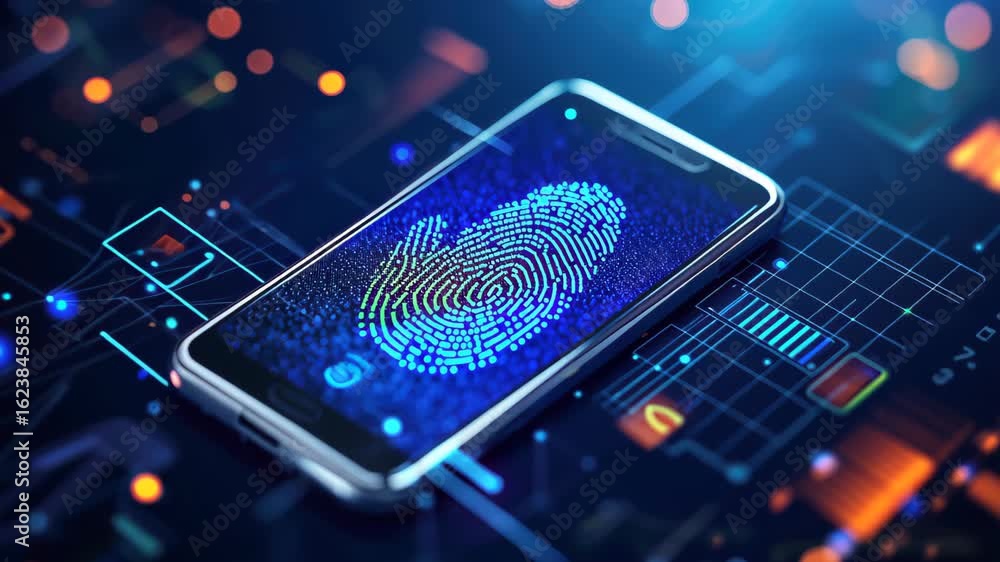 Poster digital fingerprint scan: a sleek smartphone displays a vibrant digital fingerprint, representing se