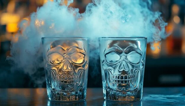 two glasses with skull decorations and dry ice emitting smoke, creating a spooky Halloween atmosphere in a bar