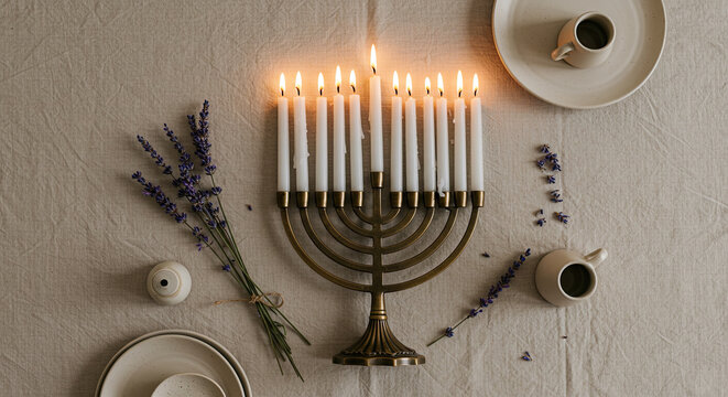 Lit Menorah with Lavender Sprays for Hanukkah Celebration.