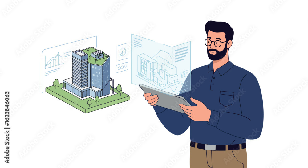 Poster architect analyzing 3d building model with tablet and digital plans