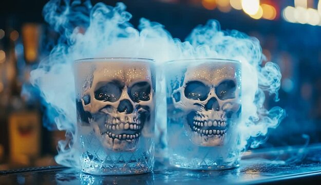 two glasses with skull decorations and dry ice emitting smoke, creating a spooky Halloween atmosphere in a bar
